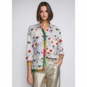 Vilagallo White Floral Travel Map Print Resortwear Button Up Blouse Size 44